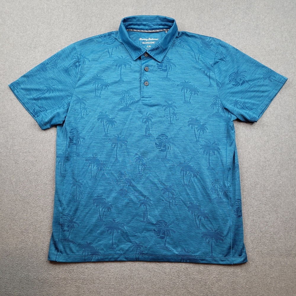 Tommy Bahama IslandZone Polo Shirt Mens Large Blue Palm Tree Print Short Sleeve